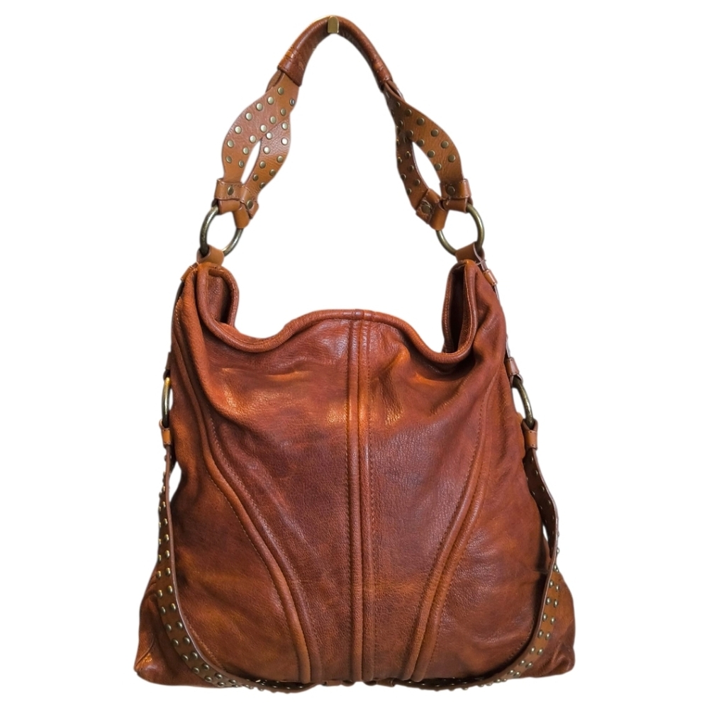 Leather Hobo Shoulder Bag in Cognac Brown